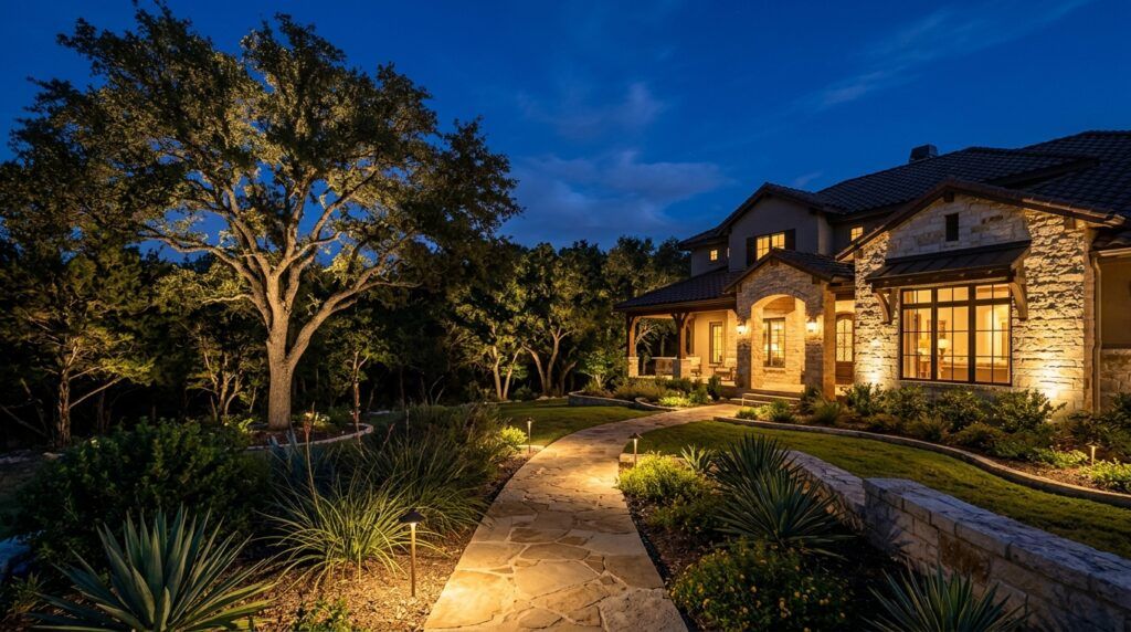 Landscape lighting with tree uplights and outdoor fixtures highlighting finished landscaping design at night