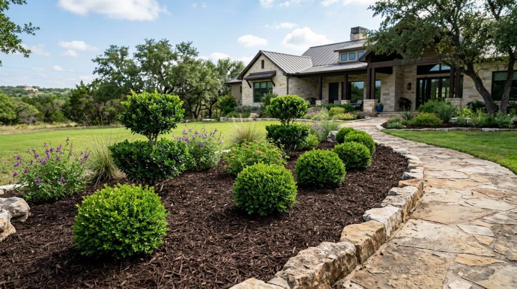 Finished mulch planter bed with structured shrubs, clean edging, and low-maintenance landscape beds landscaping