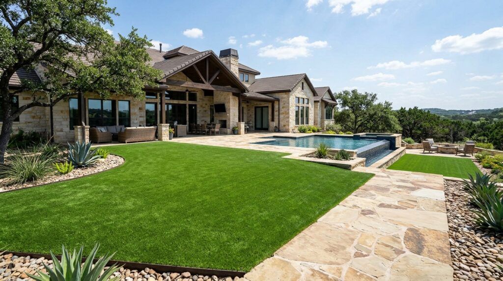 Finished artificial turfgrass installation showcase at luxury home, seamless synthetic lawn, low-maintenance yard