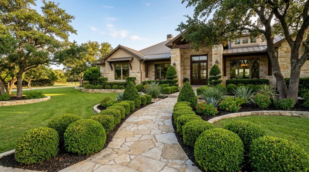 Shrub shaping, trimming and pruning around walkways and entryway with expert landscape tree care service