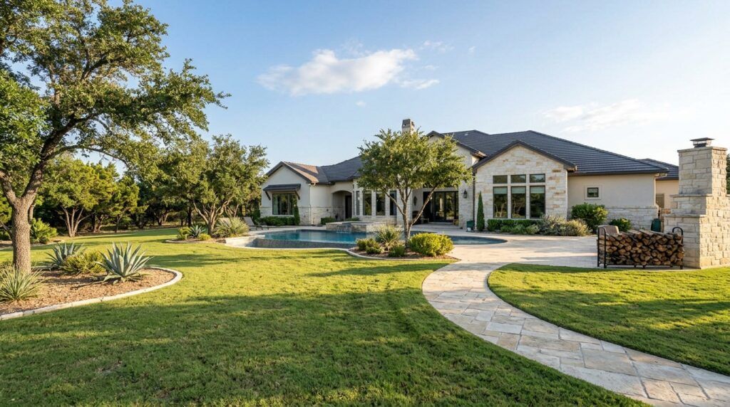 Storm season landscape clean-up reset with land clearing, restored garden beds and planter beds at luxury home