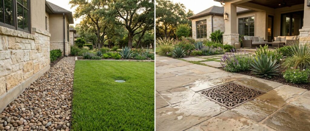 French drain vs surface drain comparison for upscale Texas home landscaping after rainfall, showing drainage solutions