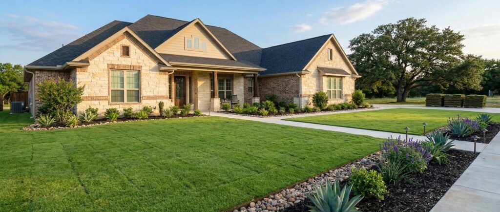 Fresh sod installation at Texas home with lush green lawn under clear blue sky, residential landscaping service