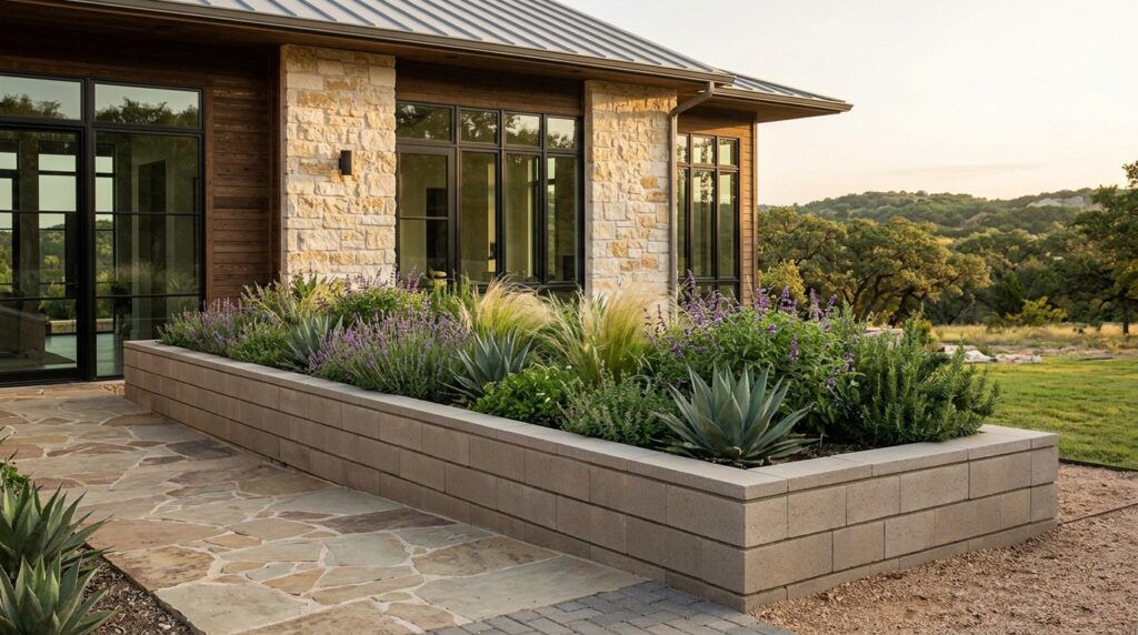 Luxury hill garden planter bed with stone edging, drought-tolerant xeriscape landscape beds along a walkway