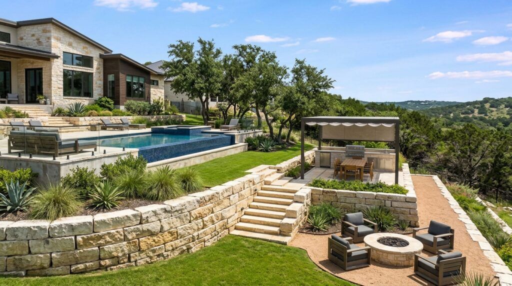 Gravity landscape retaining wall with terraced planter beds and block garden beds on sloped yard for drought-tolerant landscaping