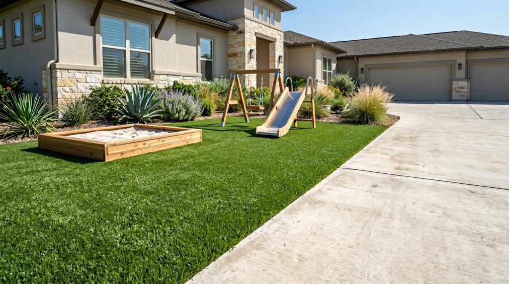 Playzone Premium play turf installed in front yard with wooden playset