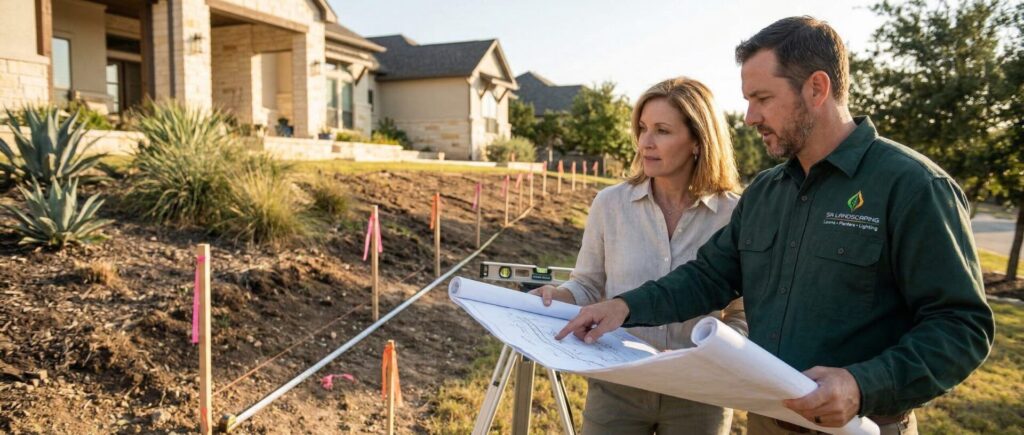 Homeowner and contractor reviewing landscape design plans for retaining wall in sloped yard, drought-tolerant