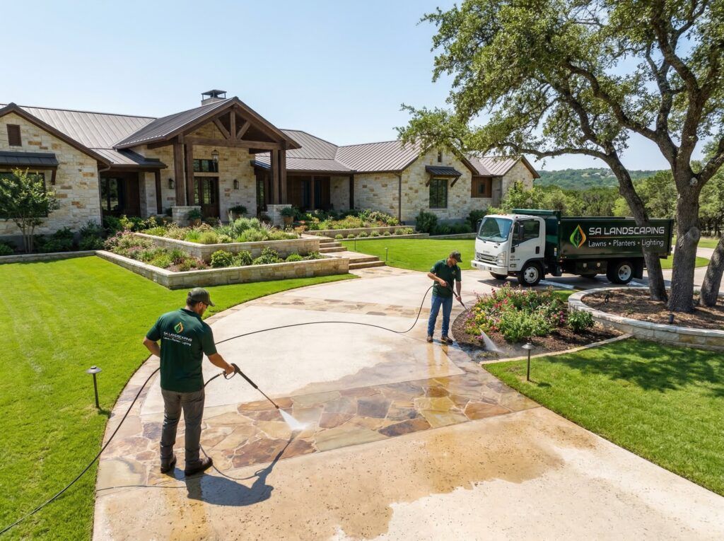 Landscapers applying optional yard and hardscape treatments during seasonal landscape cleanup and garden bed reset