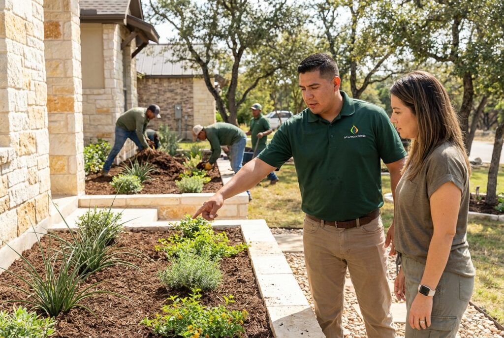 Landscaper reviewing landscape bed installation with a San Antonio homeowner