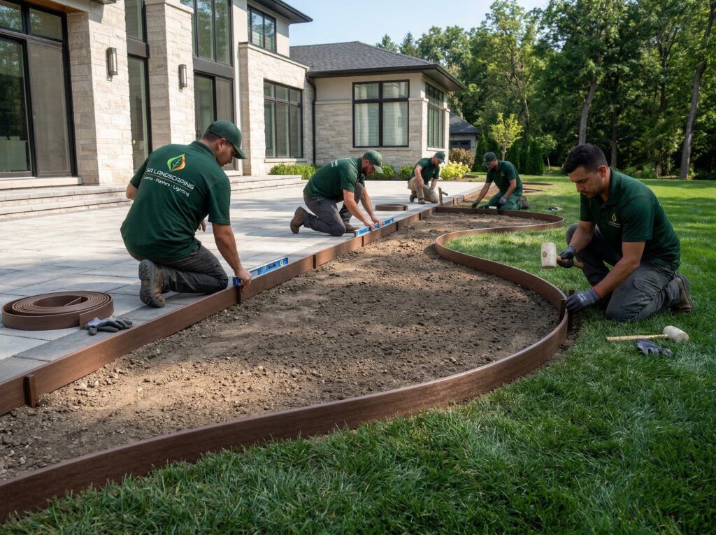 Landscape bed edging installation defining planter beds with clean borders for durable, low-maintenance landscaping
