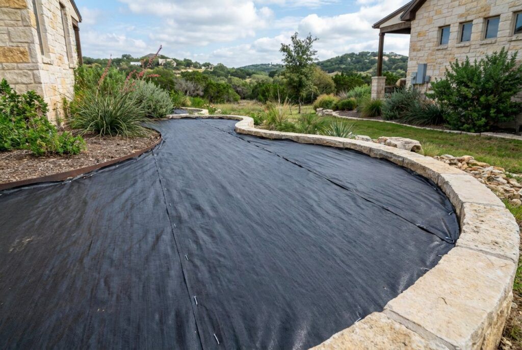 Landscape bed fabric installation with weed barrier under mulch for drought-tolerant landscaping