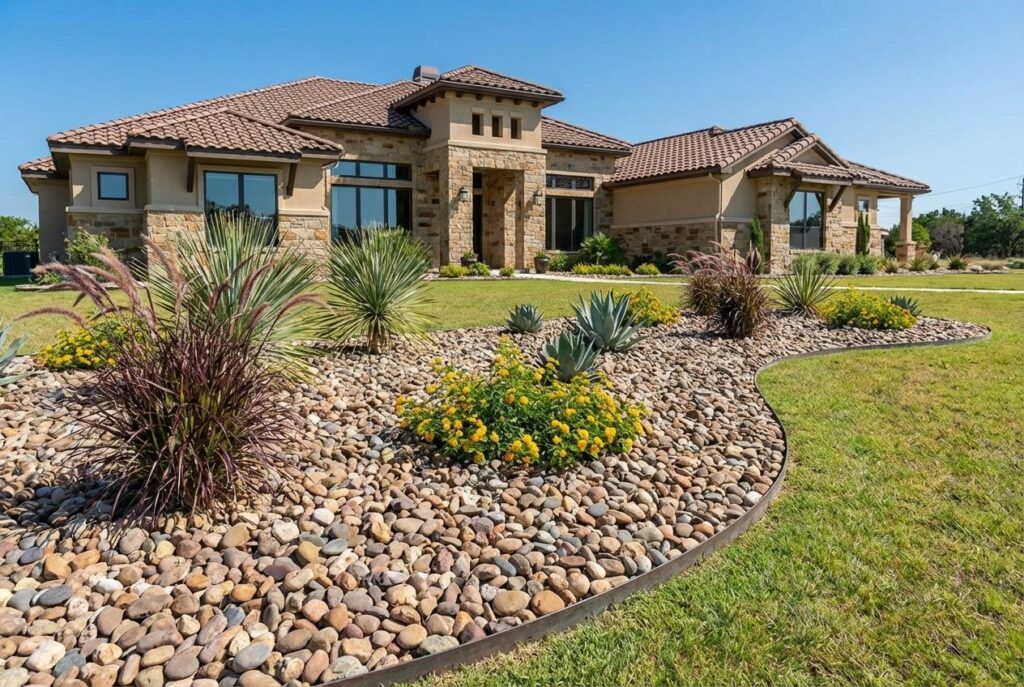 Landscape bed ground cover installation with drought-tolerant plants, clean edging, and low-maintenance planter beds