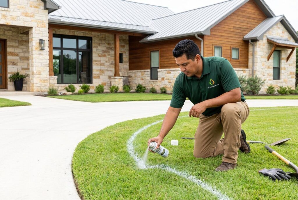 Measuring and marking landscape bed layout with tape for precise planter beds and garden bed installation
