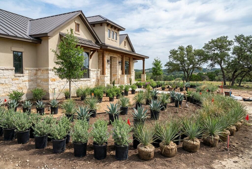 Landscape bed plant layout with proper spacing for drought-tolerant xeriscaping and low-water garden beds
