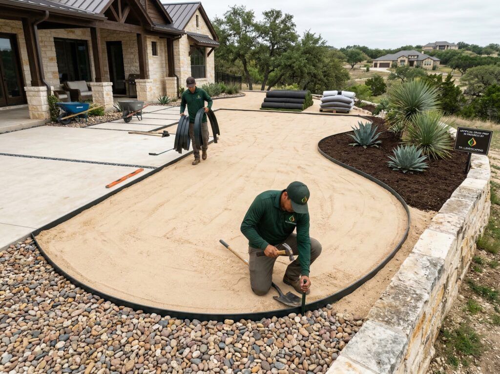 Landscape edging installation to contain base and prepare yard for artificial turfgrass installation service