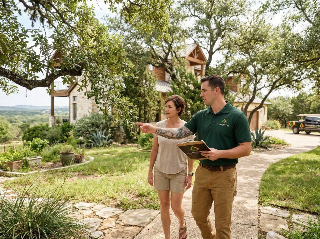 Landscape estimator assessing tree maintenance needs with homeowner for pruning, trimming, and plant care near home