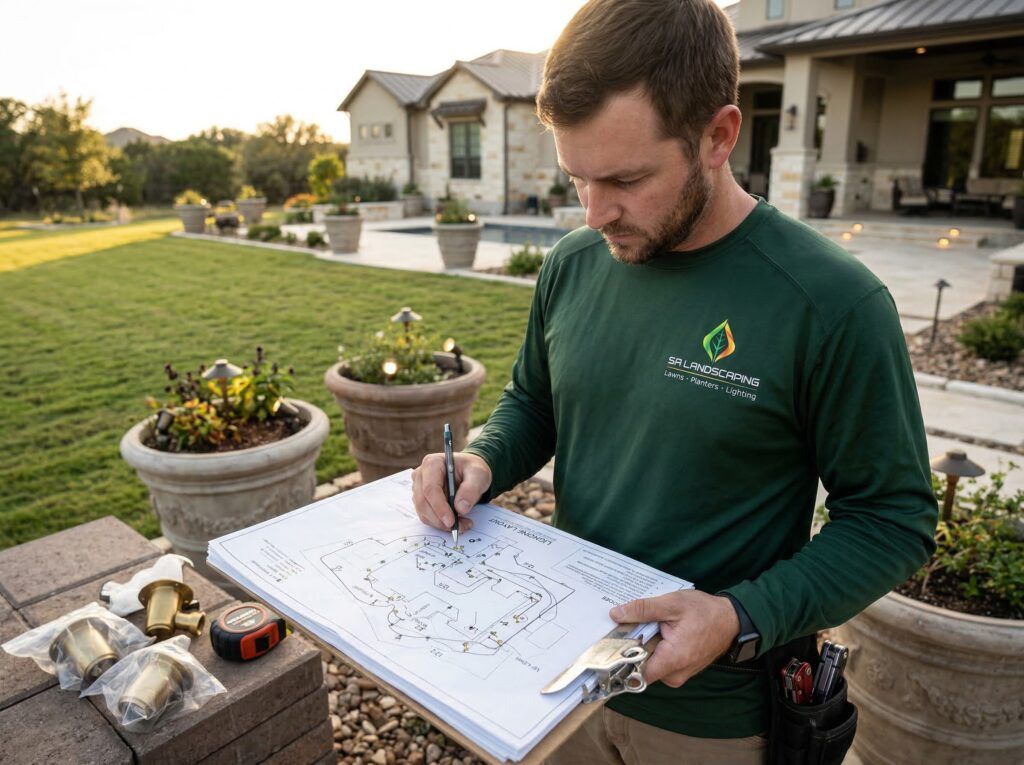 Landscape lighting designer reviewing on-site lighting layout plan for planter beds and garden paths