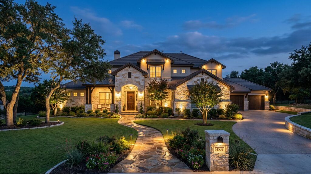 Landscape lighting installation enhancing a San Antonio home at night.