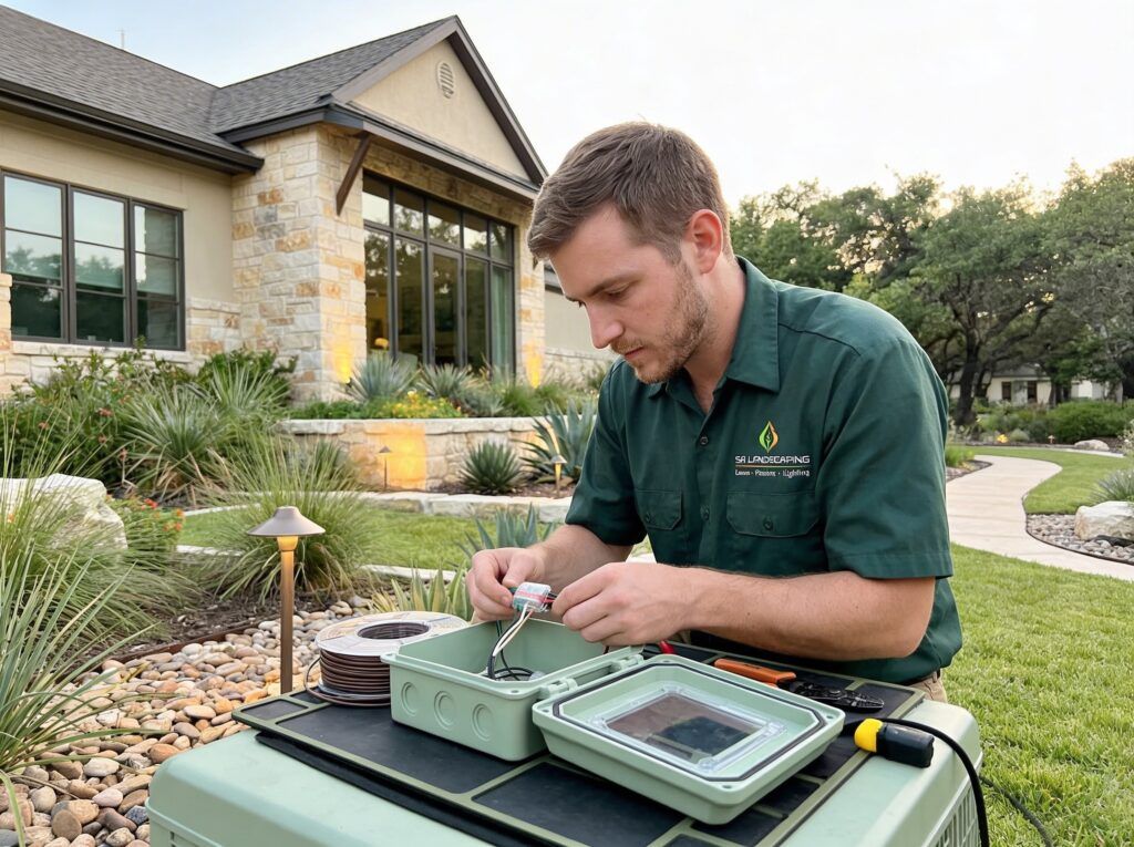 Landscape lighting installer assembling waterproof connectors and junction boxes for durable outdoor garden bed lighting