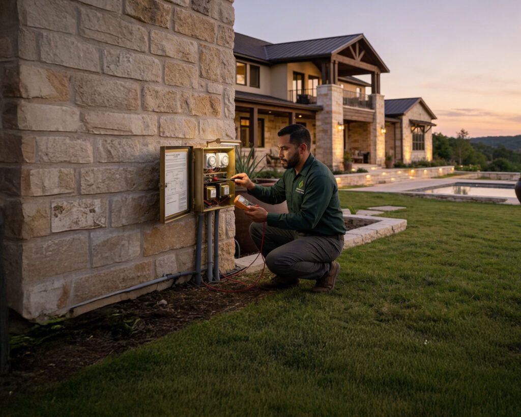 Landscape lighting technician configuring timers and control system for outdoor garden beds and paths