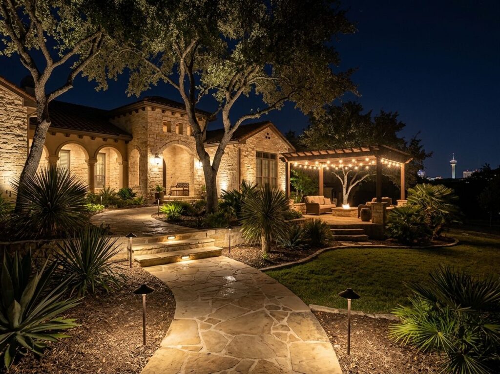 Soft landscape lighting illuminates stone steps and a garden path at a San Antonio home, highlighting shrubs at night.