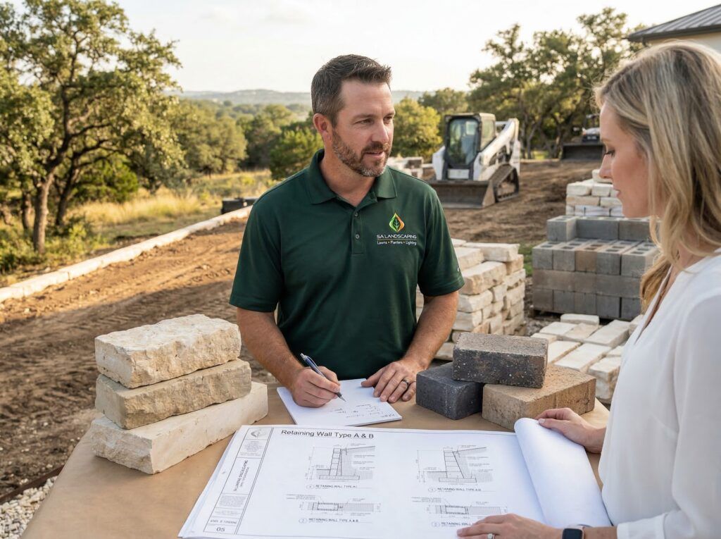 Landscape pro reviewing landscape retaining walls materials with homeowner for garden beds, drought-tolerant landscaping