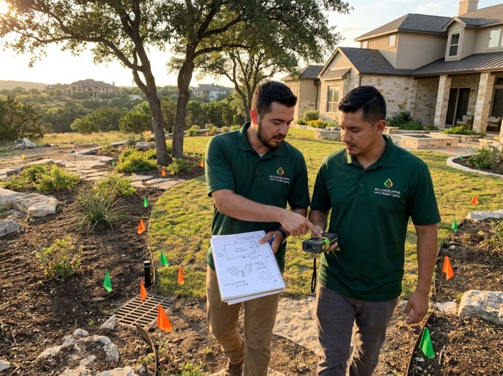 Landscapers reviewing site assessment plan for artificial turfgrass installation and yard drainage prep