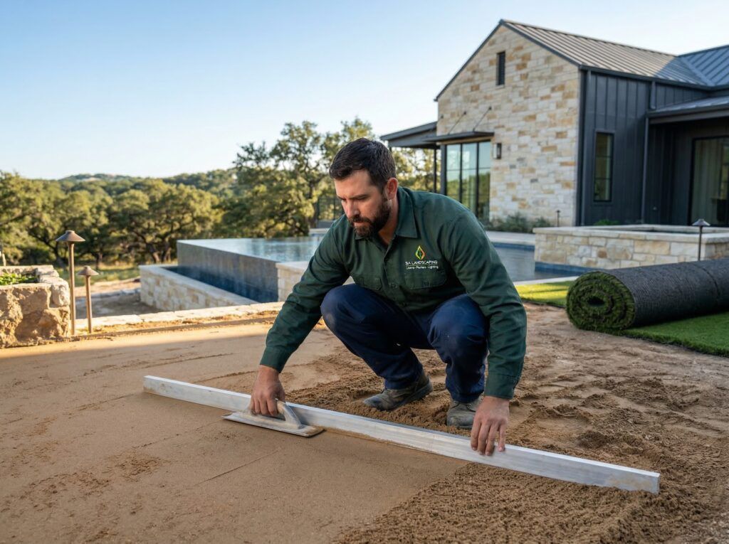Leveling fine sand with straight edge for artificial turfgrass installation, final base prep before laying turf