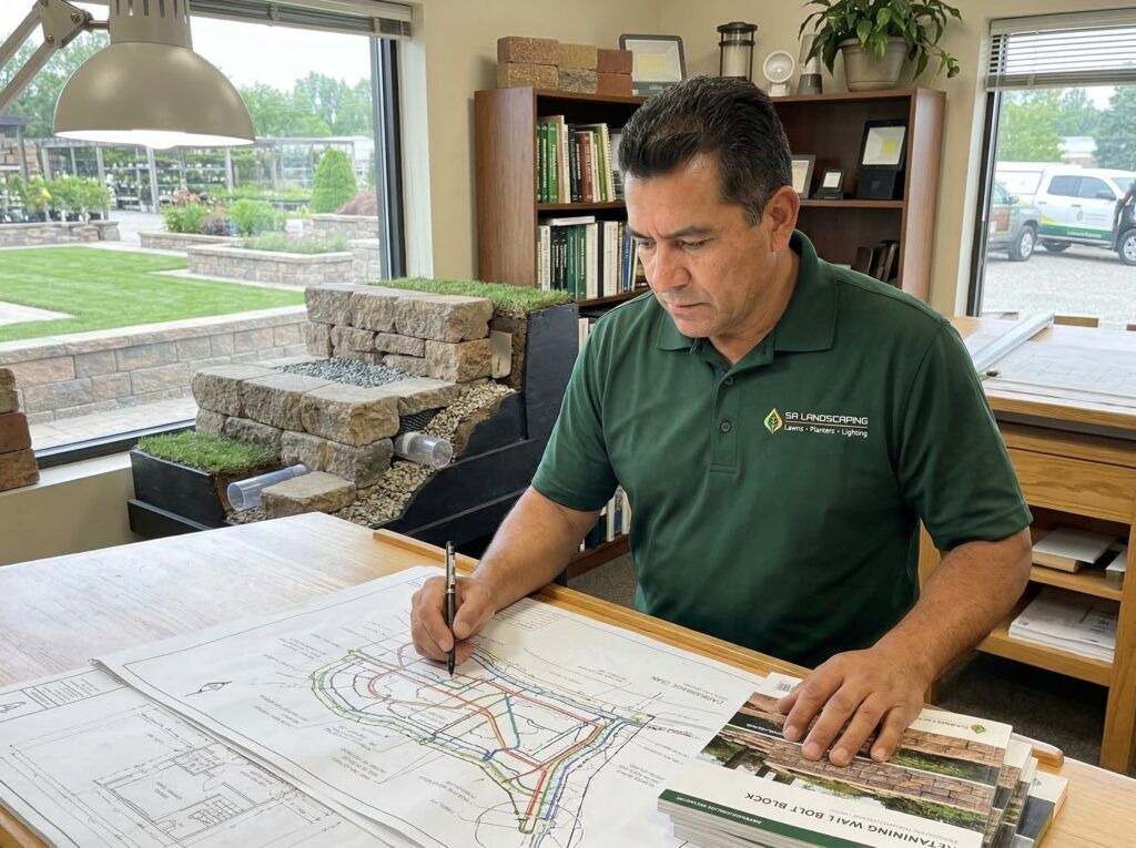 Landscaper planning drainage for new landscape retaining wall to support planter beds and garden beds in drought-tolerant yard