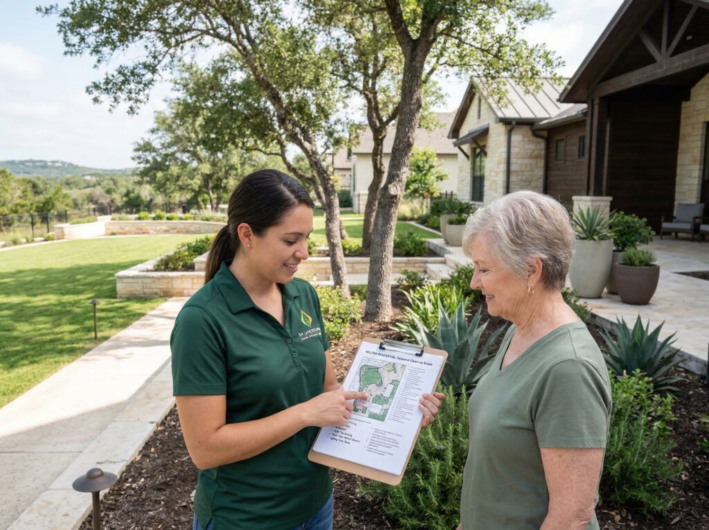 Landscaper reviewing seasonal landscape clean-up scope with homeowner, resetting planter and garden beds