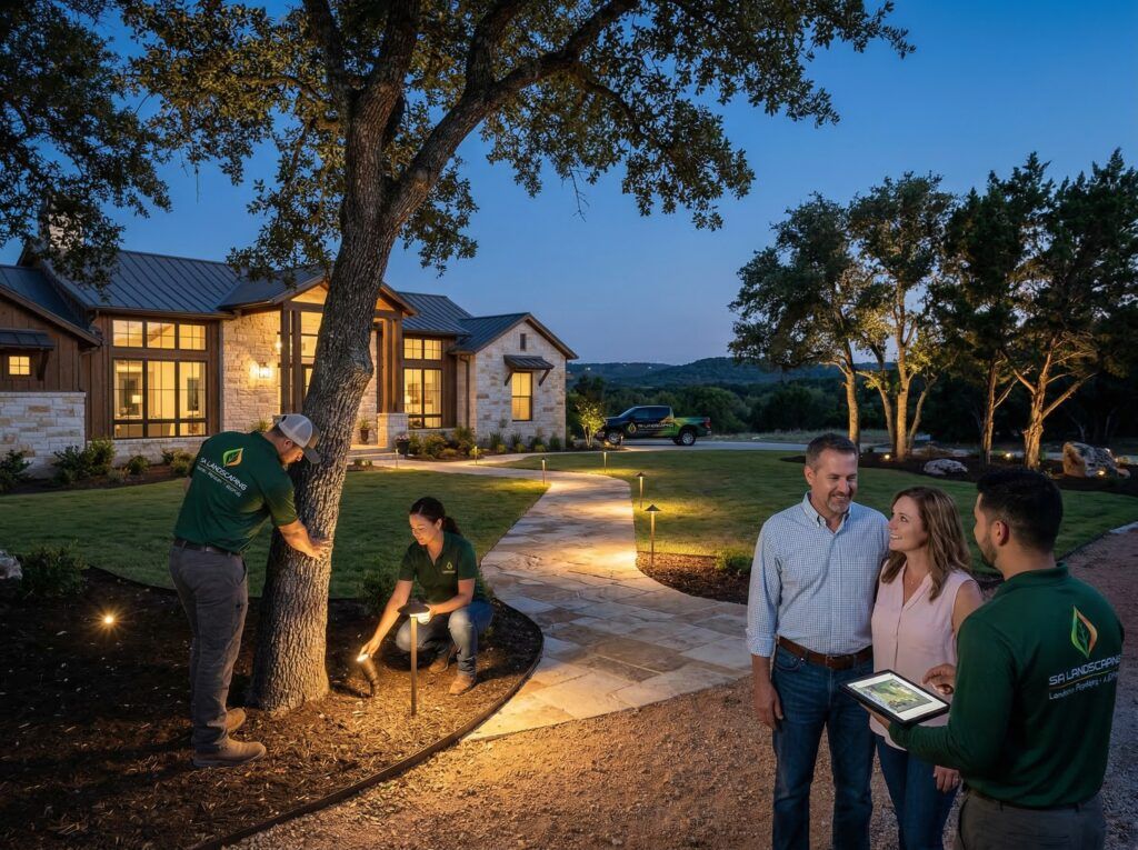 Landscapers adjusting landscape lighting during final walkthrough along garden and planter beds