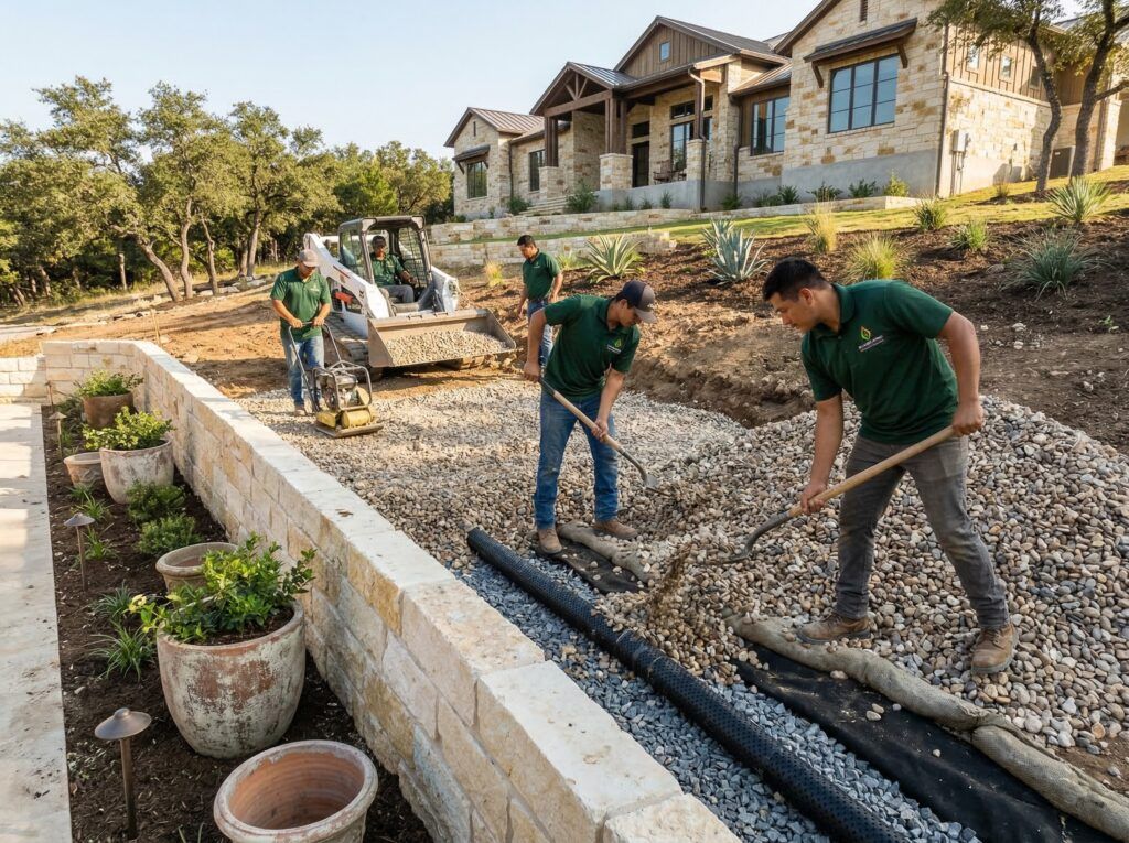Landscapers backfilling behind landscape retaining wall, forming planter beds for drought-tolerant landscaping