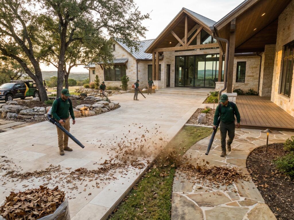 Landscape seasonal clean-up with crew blowing leaves off porches, patios, and walkways for a yard reset