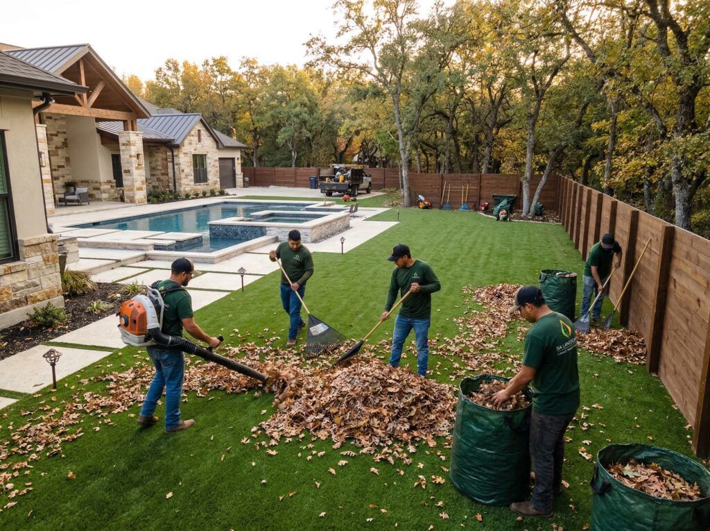 Landscapers blowing and raking leaves for seasonal landscape clean-ups, resetting turf edges and planter beds