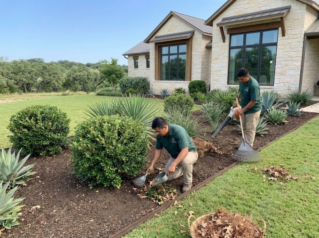 Landscapers clearing leaves and debris from landscape beds and shrubs during seasonal clean-up reset