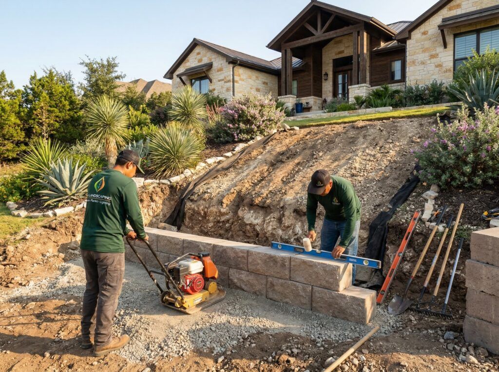 Landscaper compacting base and setting first course of landscape retaining wall blocks for garden beds