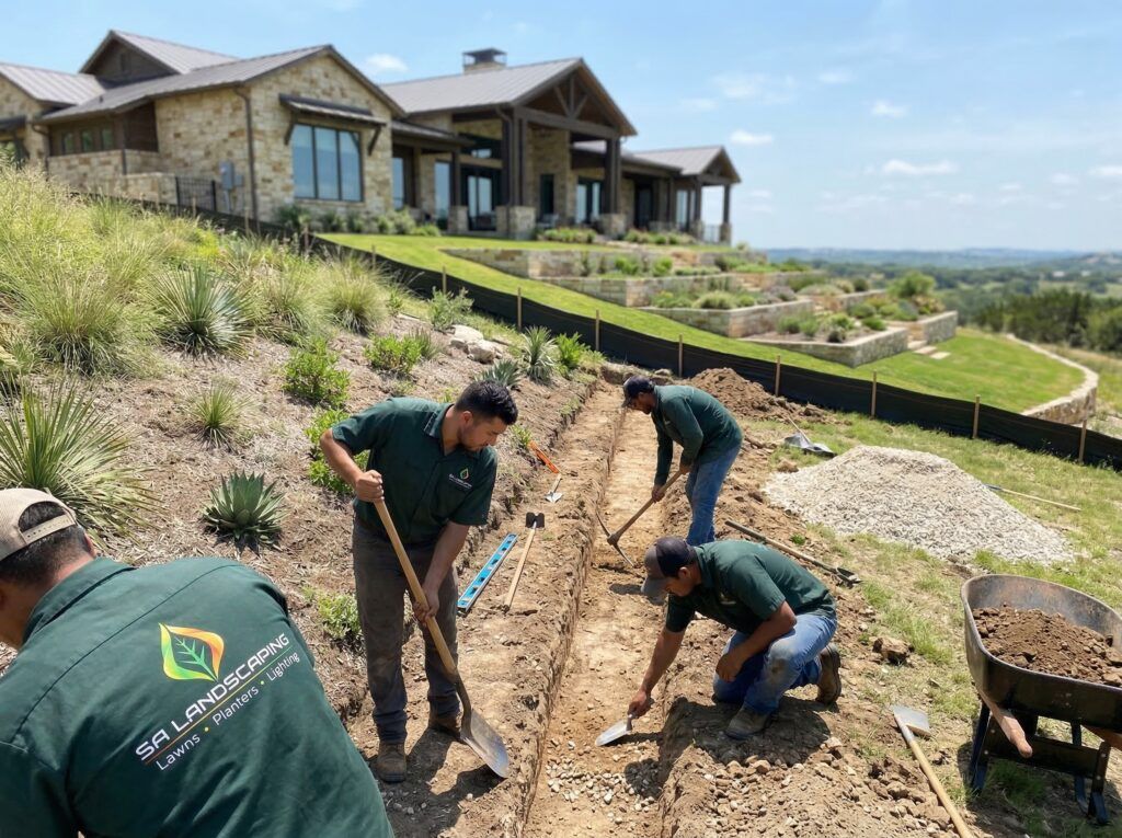 Landscapers excavating trench to subgrade for landscape retaining wall base near planter beds and garden beds