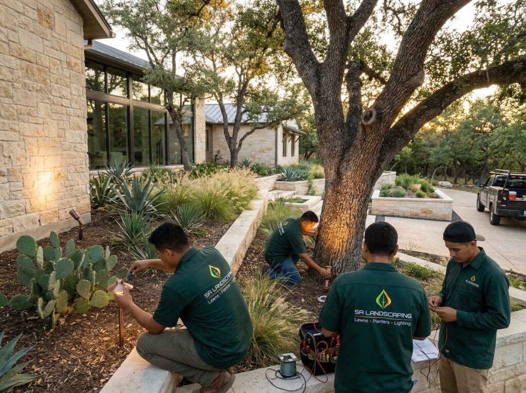Landscapers installing landscape lighting fixtures along garden beds and planter beds for nighttime curb appeal