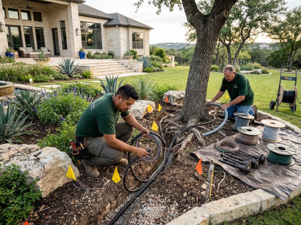 Landscapers installing protected conduit wire runs for landscape lighting along planter and garden beds