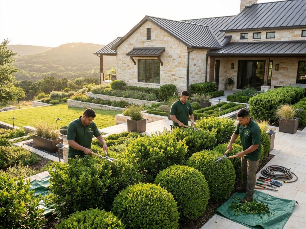 Landscape seasonal clean-up with shrub trimming and neat shaping to reset garden and planter beds