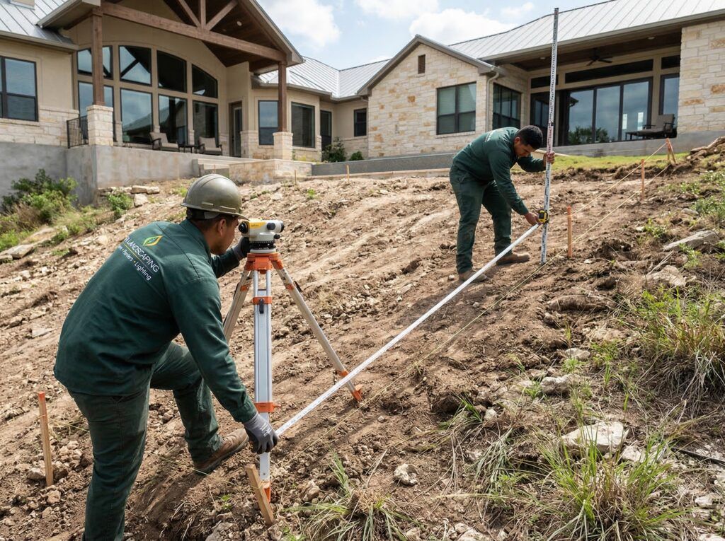 Landscapers measuring elevation change for landscape retaining wall layout and planter bed grading