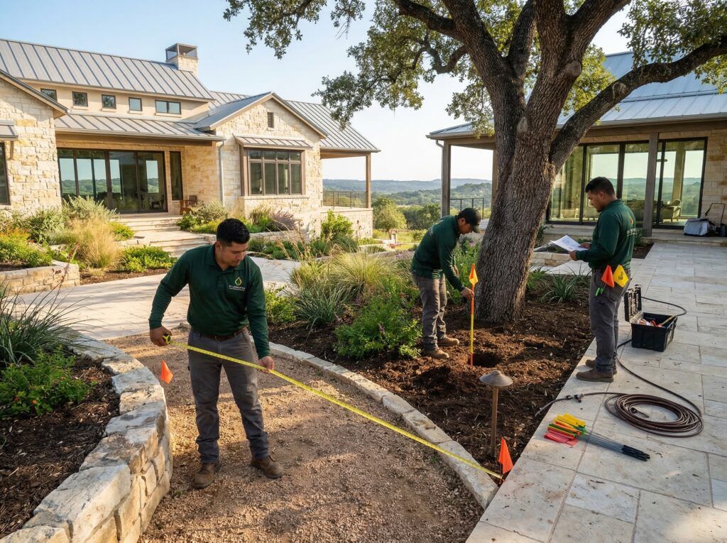 Landscapers measuring and marking landscape lighting fixture placement for garden beds and planter beds installation