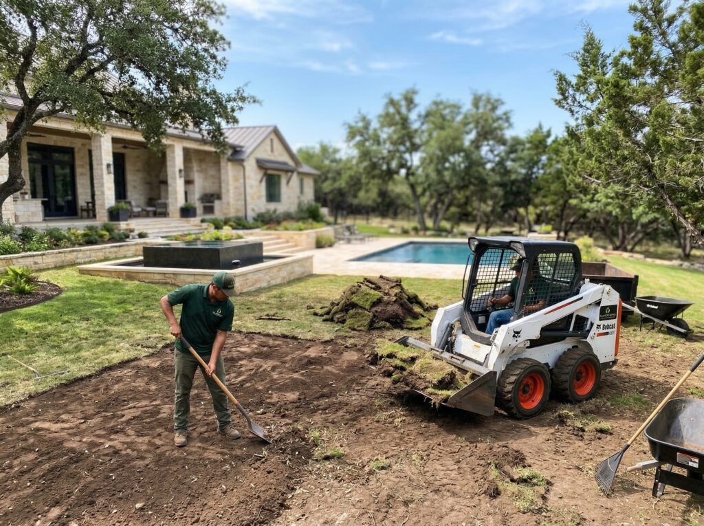 Landscapers removing sod and organic material to prepare base for artificial turfgrass installation service