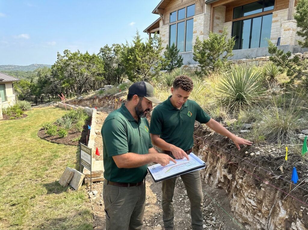 Landscapers reviewing grade changes for landscape retaining wall to support planter beds and drainage.