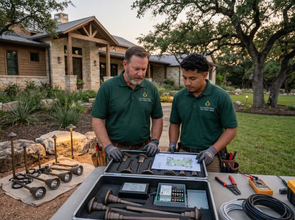 Landscapers reviewing professional-grade landscape lighting fixtures and controls for garden beds at night