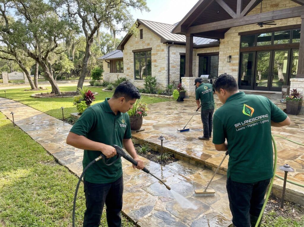 Landscape seasonal cleanup rinsing patios and walkways, clearing debris for a clean hardscape reset