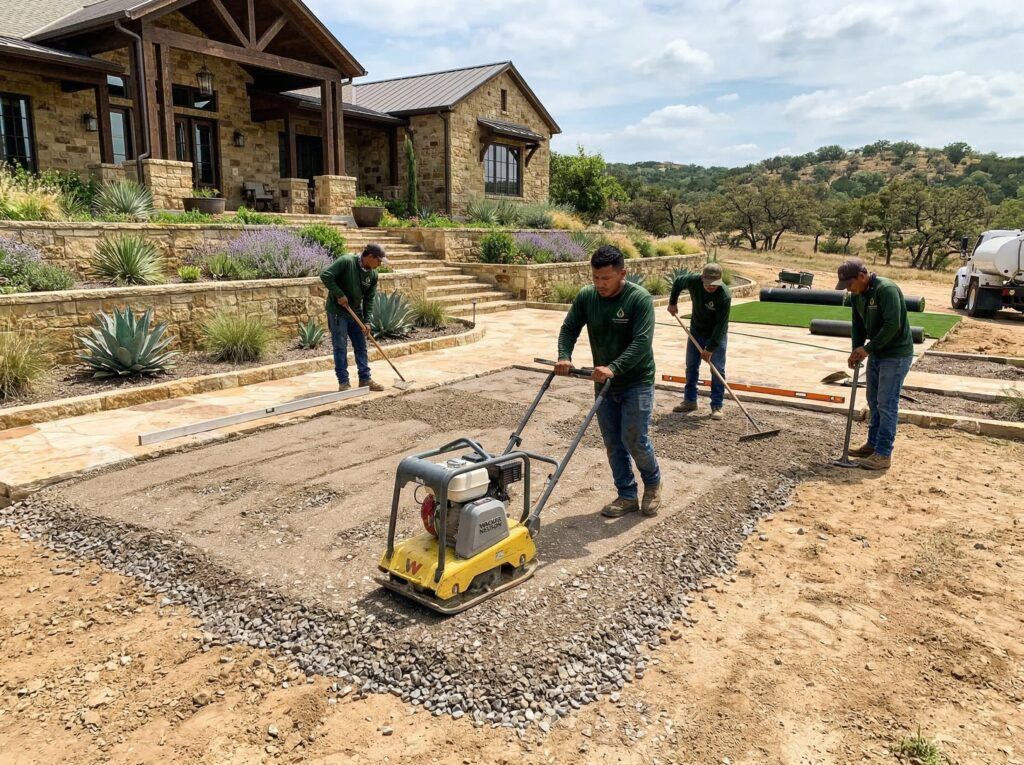 Landscapers spreading and compacting road base to prepare site for artificial turfgrass installation service