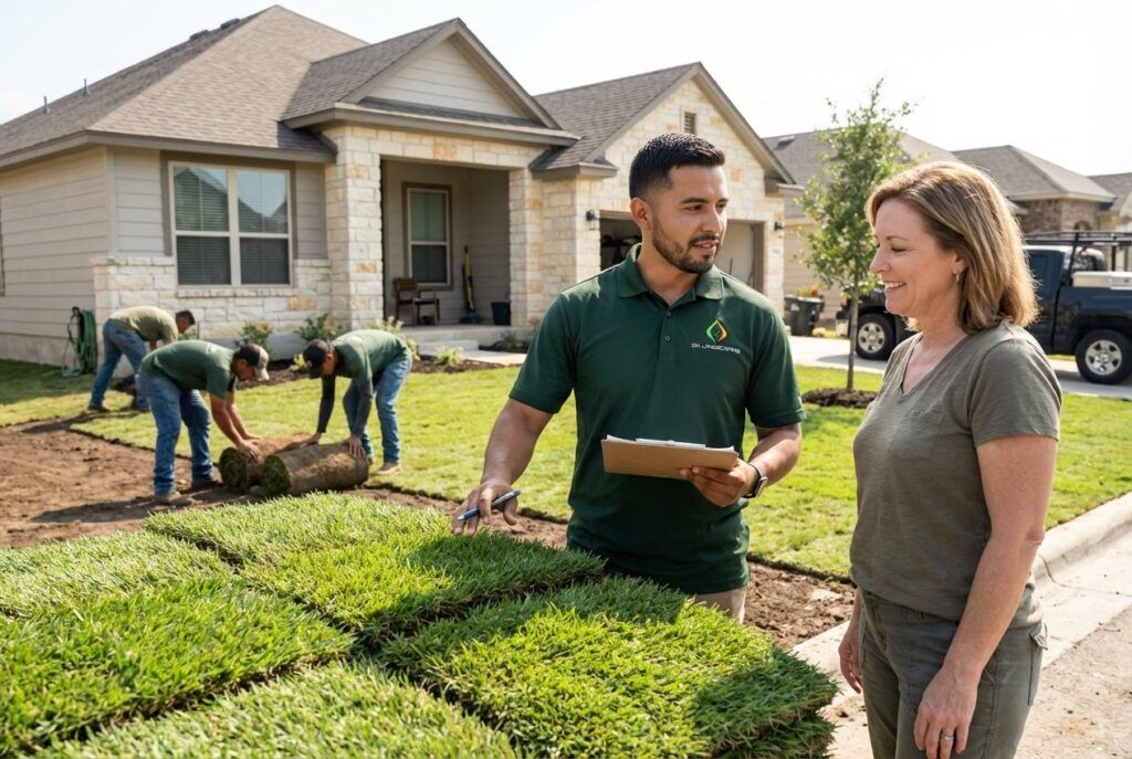 Landscaper explaining sod installation process to a Shavano Park homeowner.