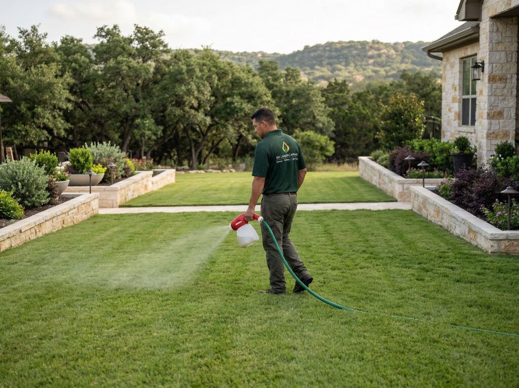 Landscaper spraying vegetation suppressant during site prep for artificial turfgrass installation service