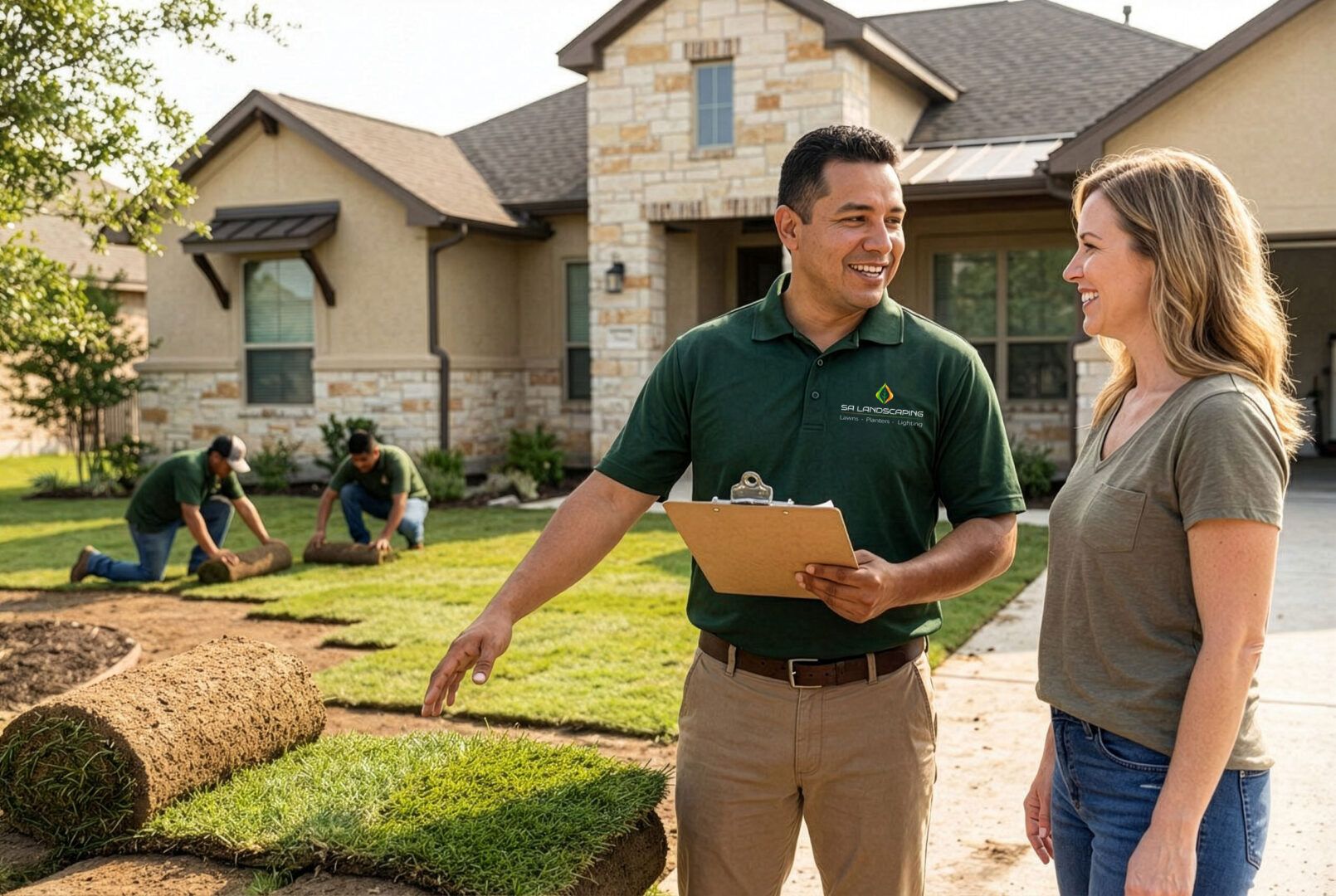 Landscaper discussing a landscape project with a Helotes homeowner.